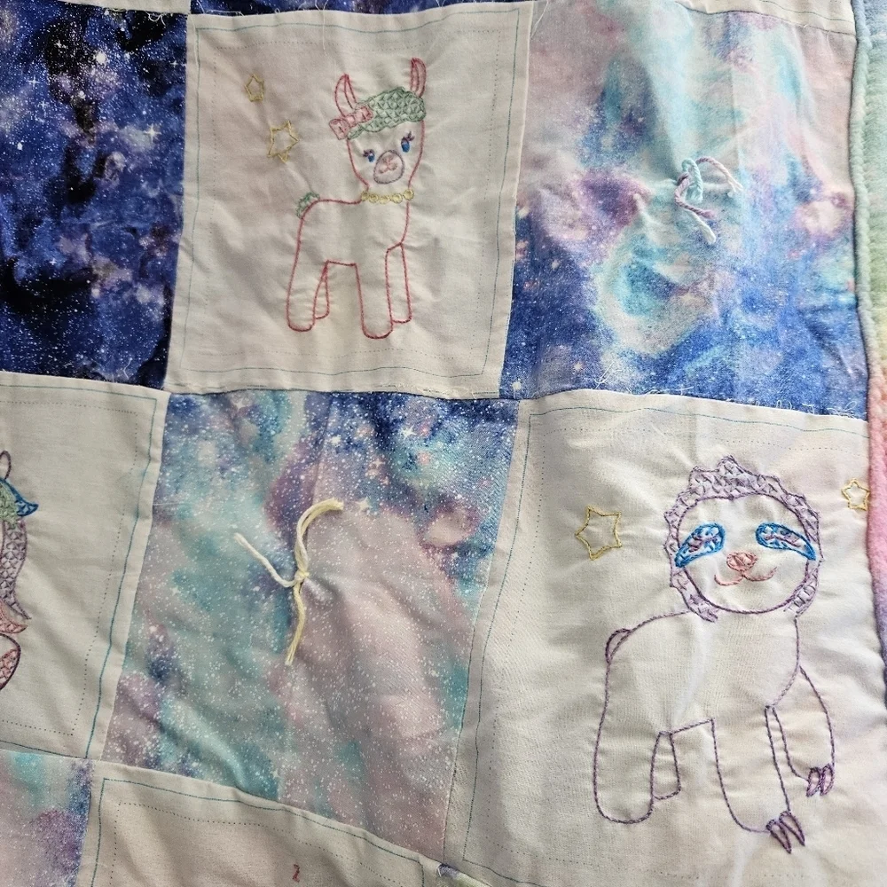 Handmade Patchwork Animal Baby Quilt Blue White Rainbow Sloth Unicorn Sleeping
